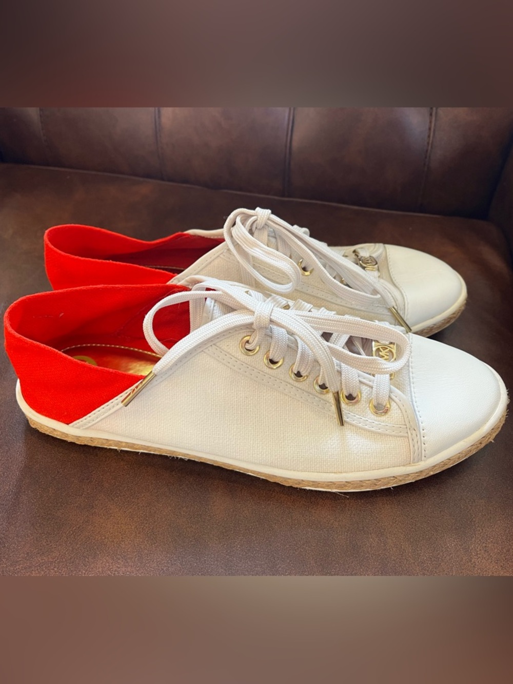 Michael Kors White and Red Low-Top Lace-Up Sneakers with Gold Accents